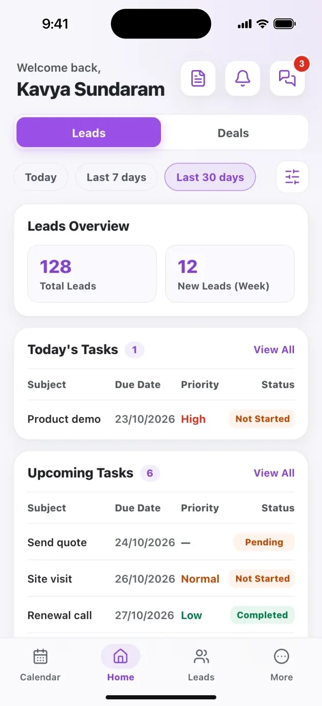 Pixelize CRM mobile app home with a leads overview and today's tasks