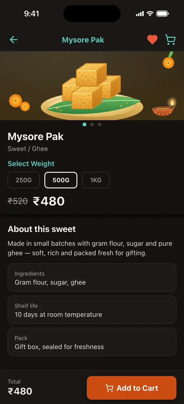 Mysore Pak detail with weight options, price and product details
