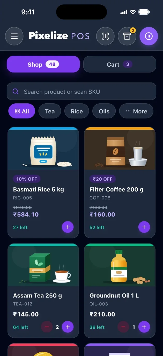 Pixelize POS Android app with a sale in progress