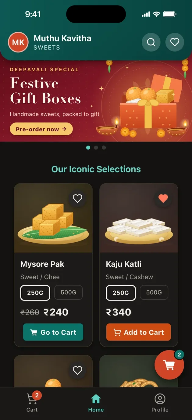 Muthu Kavitha Sweets app home with festive gift boxes and best sellers