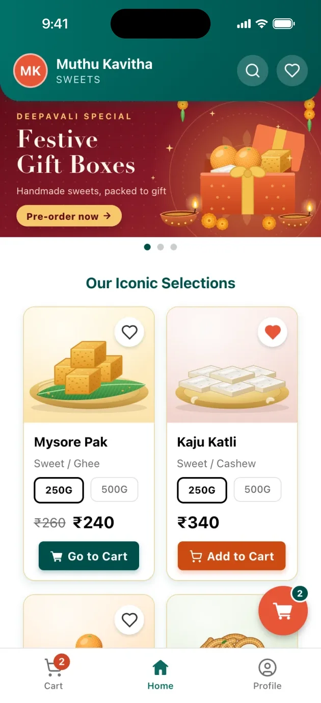 Muthu Kavitha Sweets app home with festive gift boxes and best sellers