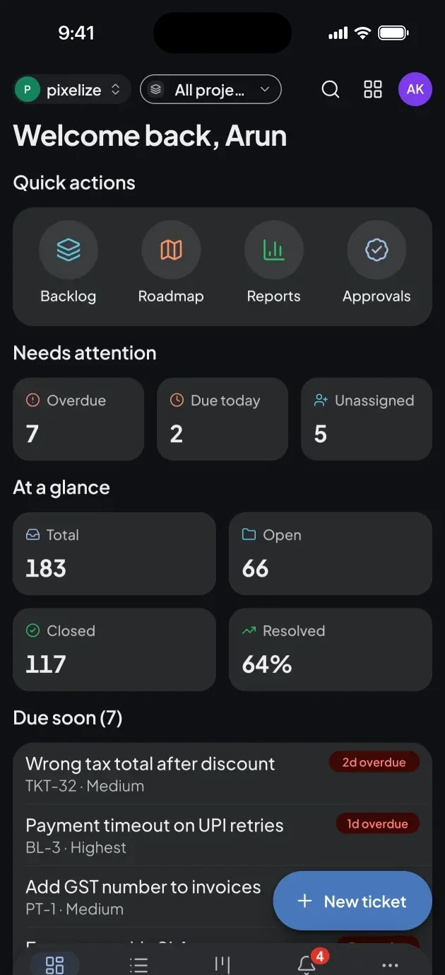 Pixelize Tickets mobile app home with open, closed and due-soon tickets