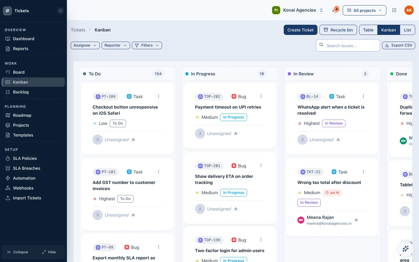 Pixelize Tickets kanban board with To do, In progress and In review columns