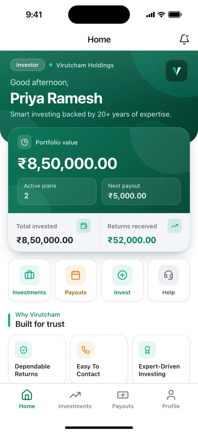 Virutcham investor app home with portfolio value and the next payout