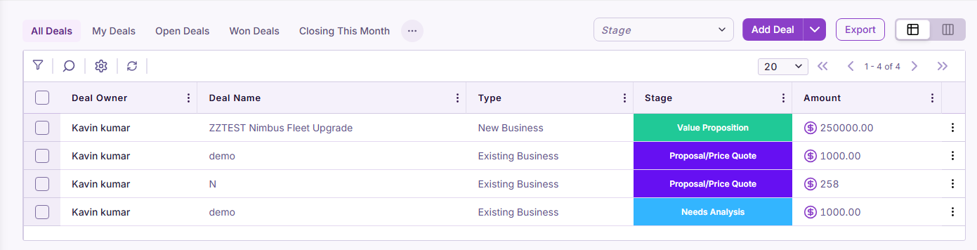Deals list in Pixelize CRM with colour-coded pipeline stages and deal value