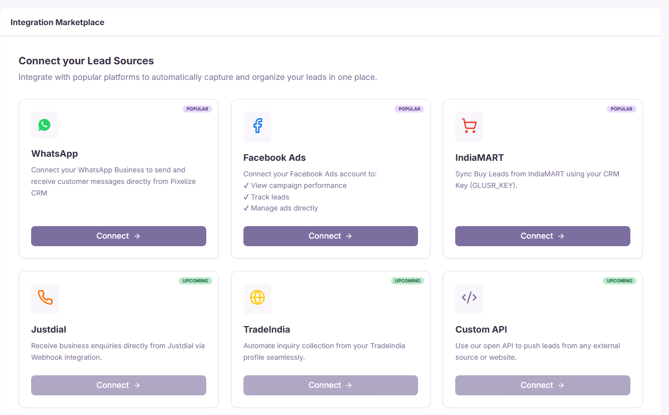 Pixelize CRM integration marketplace with connectors for WhatsApp, Facebook Ads (Meta), IndiaMART, JustDial and TradeIndia