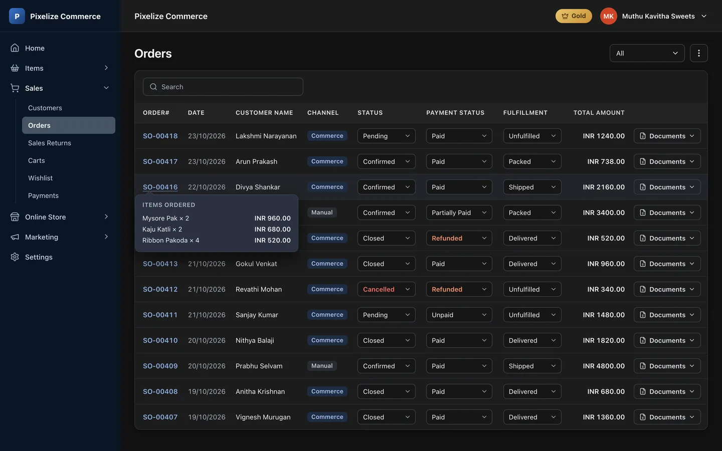 Store admin orders list with payment, fulfilment and refunded orders