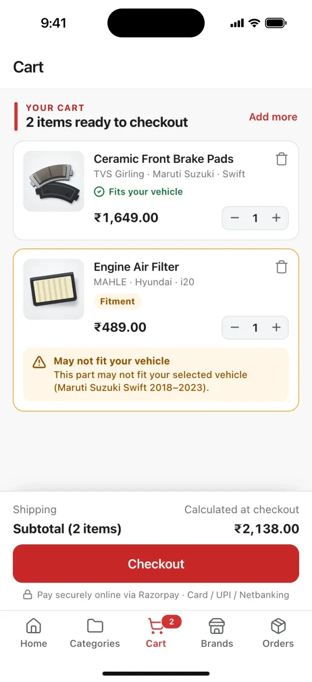 Cart warning that an air filter may not fit the selected Swift