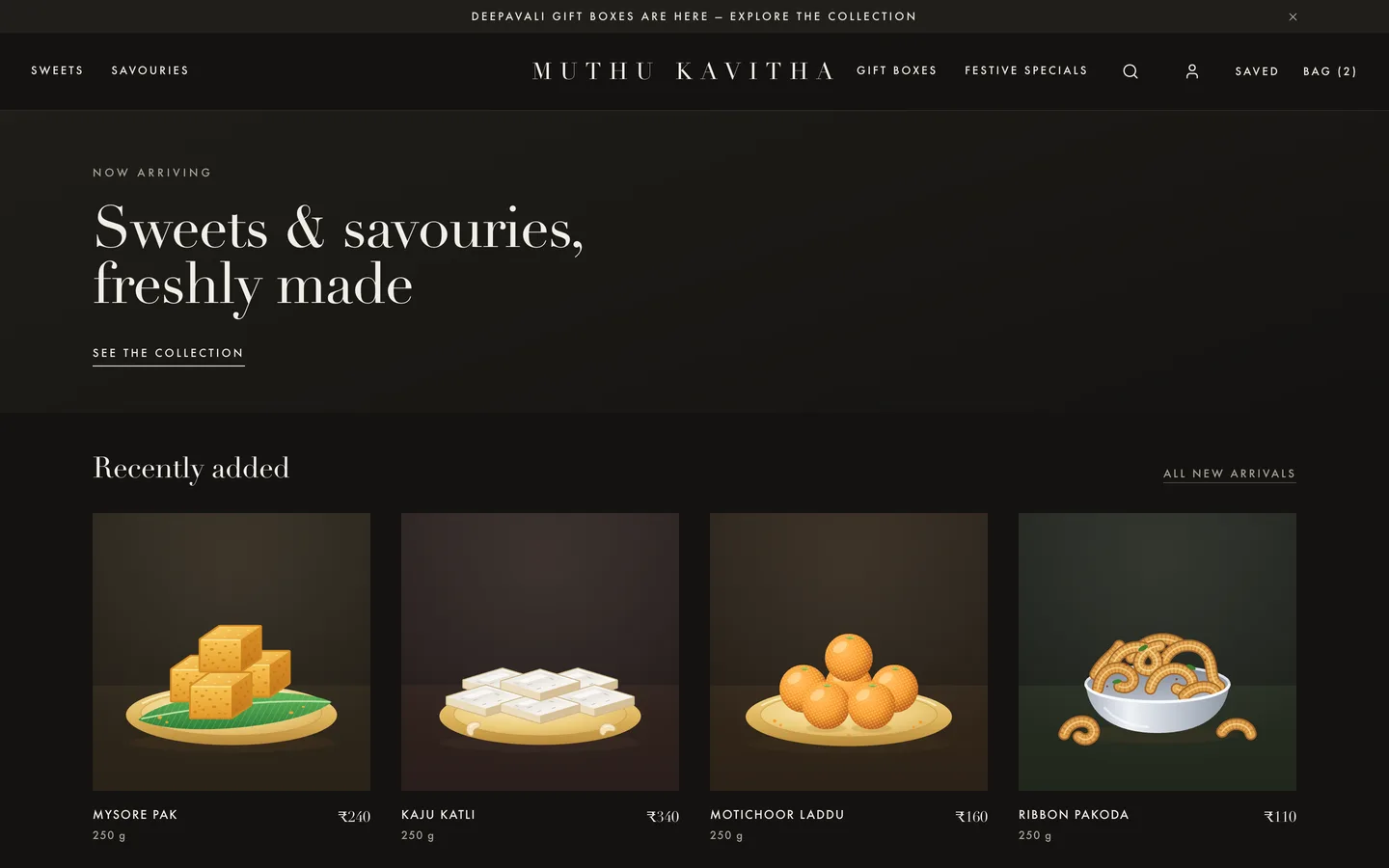 Muthu Kavitha Sweets online store home page with featured sweets