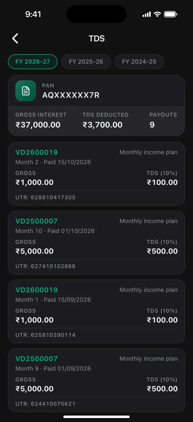 Virutcham TDS ledger listing tax deducted on each payout