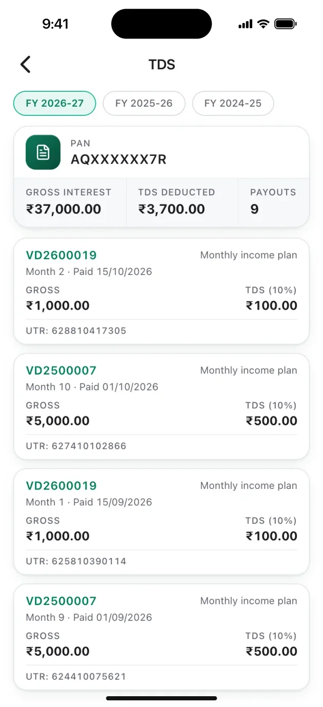 Virutcham TDS ledger listing tax deducted on each payout